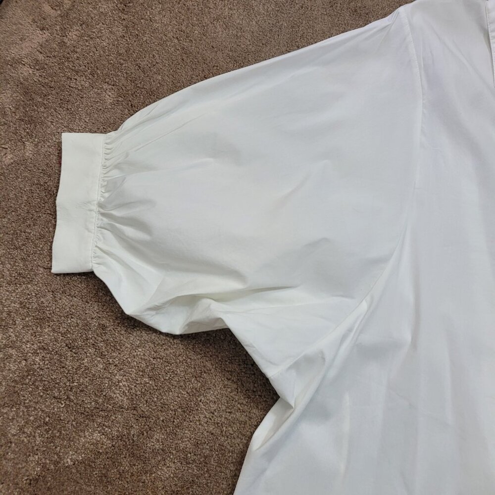 BCBGMaxazria White Poplin Blouse Oversized Puffed Sleeves Pin Tuck Back Sz Med - Picture 3 of 9